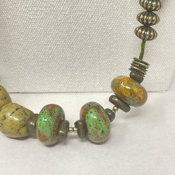 Treska Beaded Long Necklace Green Stone Porcelain Glass Boho Chunky Signed - Picture 5 of 13